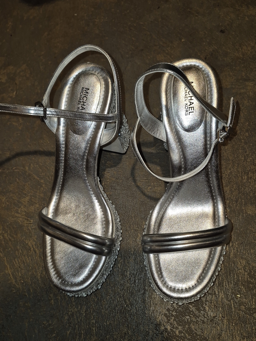 MICHAEL Michael Kors Silver Metallic Two-Strap Ankle Sandals